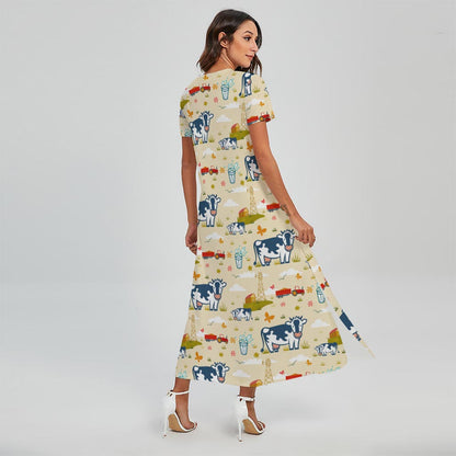 Cartoon Dairy Cow Farm Pattern Print Short Sleeve Maxi Dress