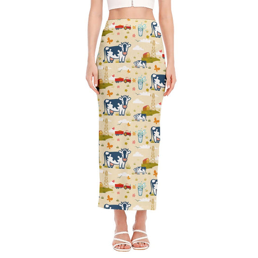 Cartoon Dairy Cow Farm Pattern Print Side Slit Maxi Skirt