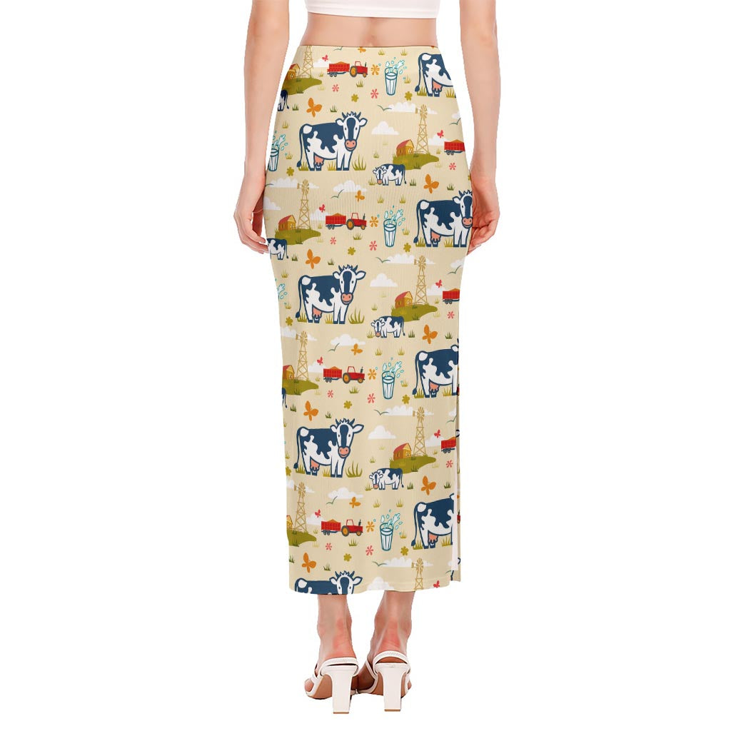 Cartoon Dairy Cow Farm Pattern Print Side Slit Maxi Skirt