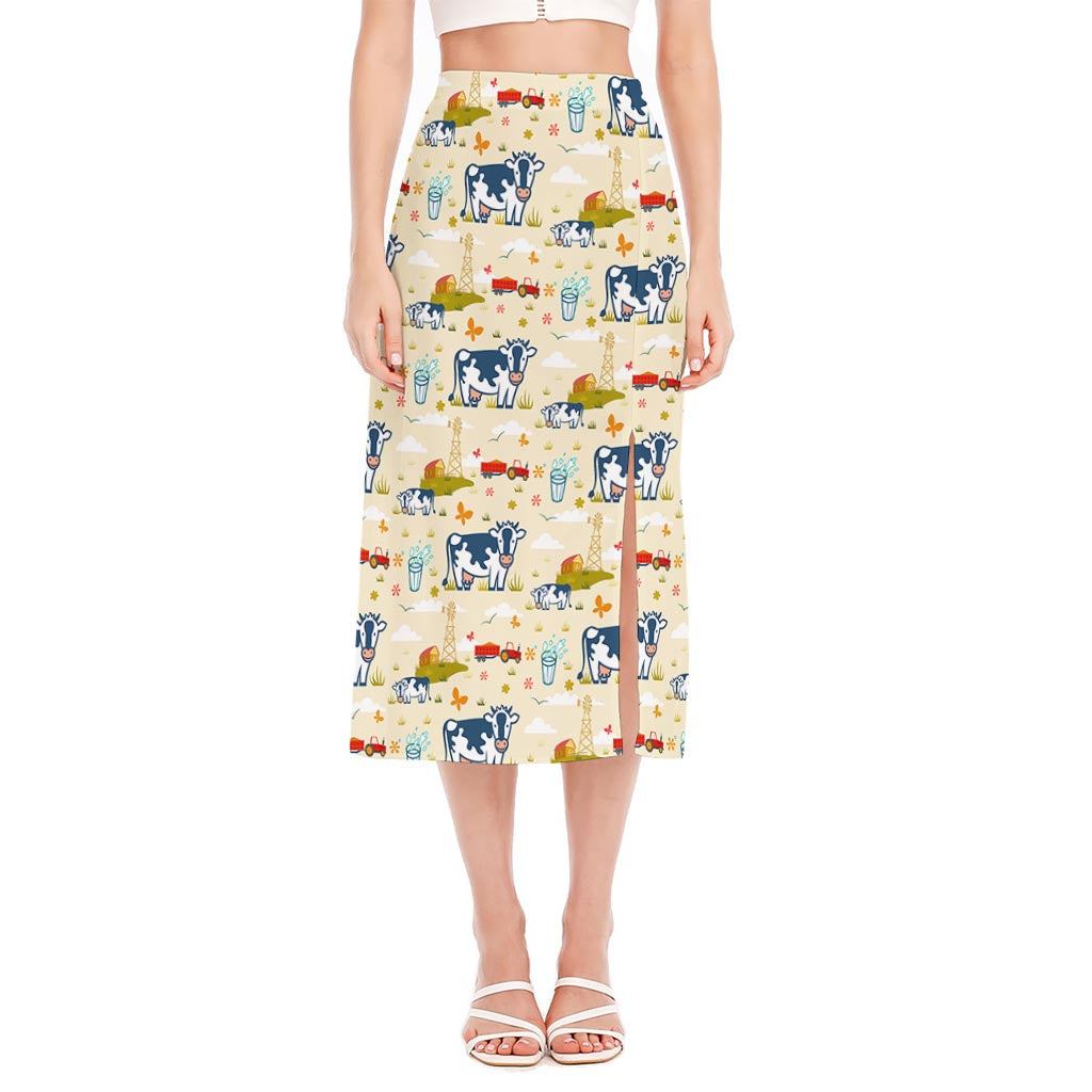 Cartoon Dairy Cow Farm Pattern Print Side Slit Midi Skirt