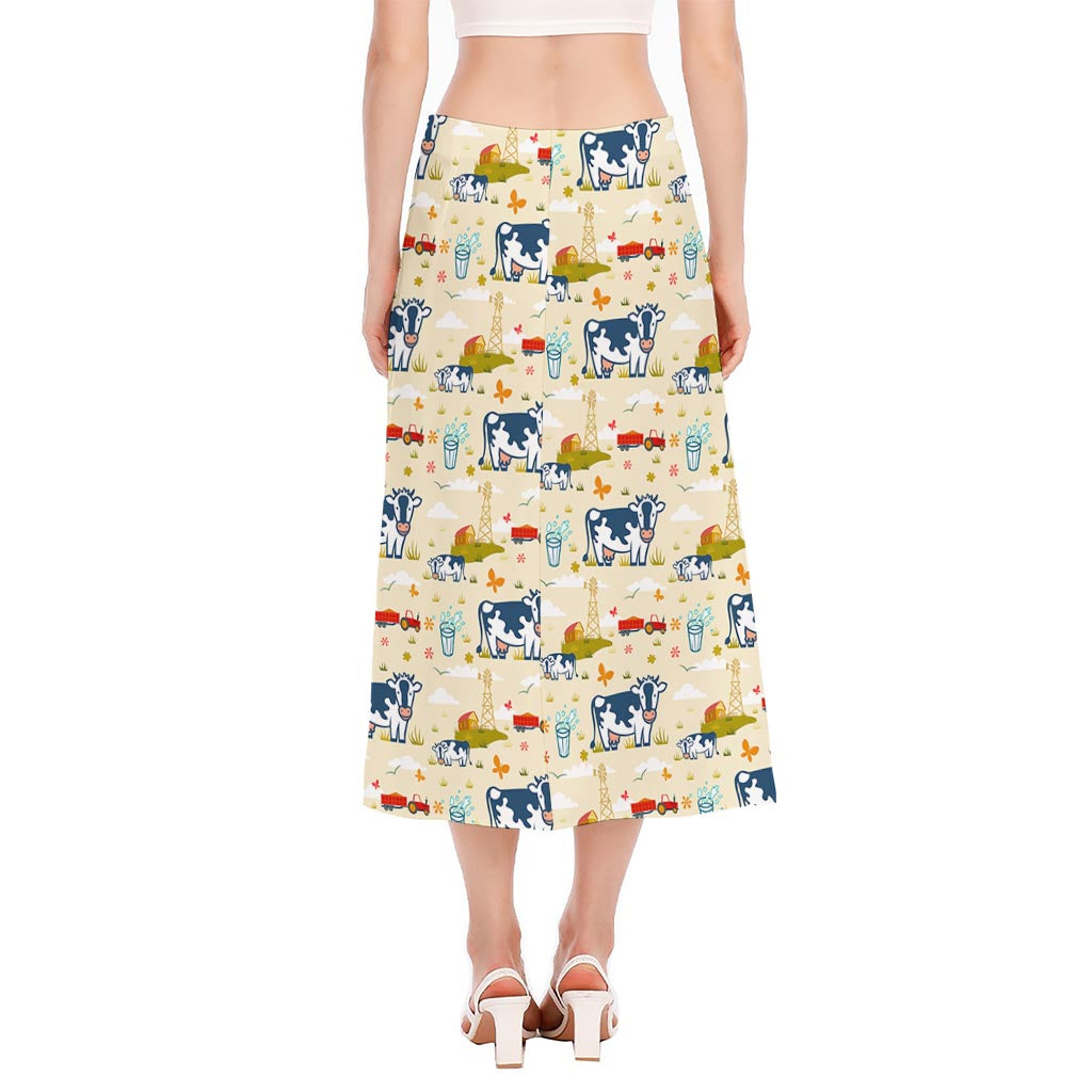 Cartoon Dairy Cow Farm Pattern Print Side Slit Midi Skirt