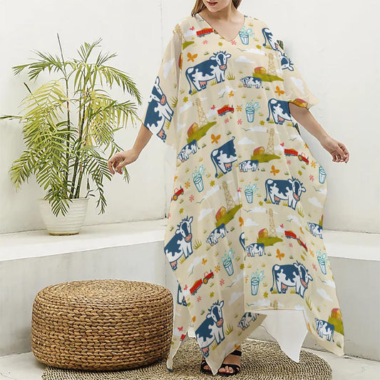 Cartoon Dairy Cow Farm Pattern Print Silk V-Neck Kaftan Dress