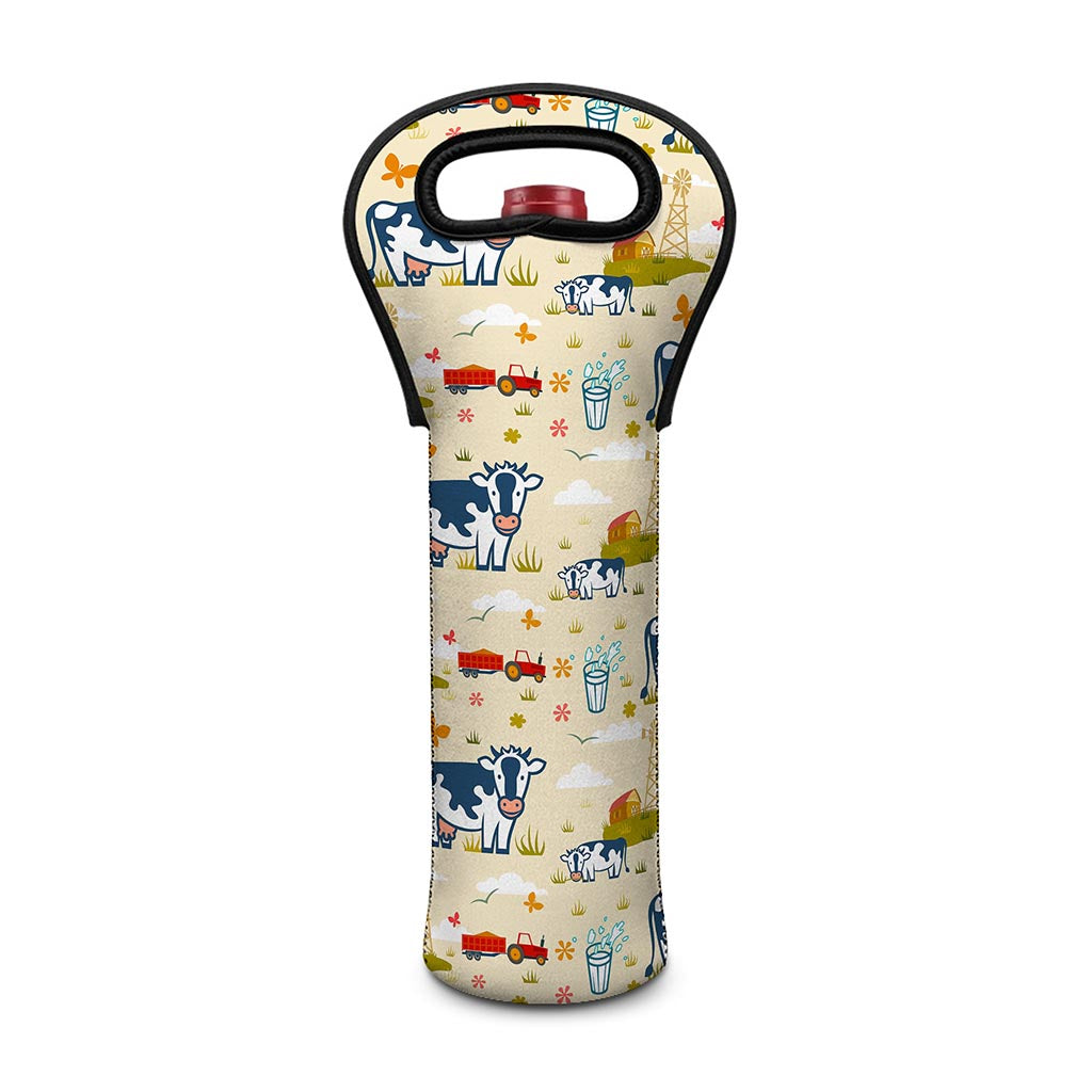 Cartoon Dairy Cow Farm Pattern Print Single Neoprene Wine Tote