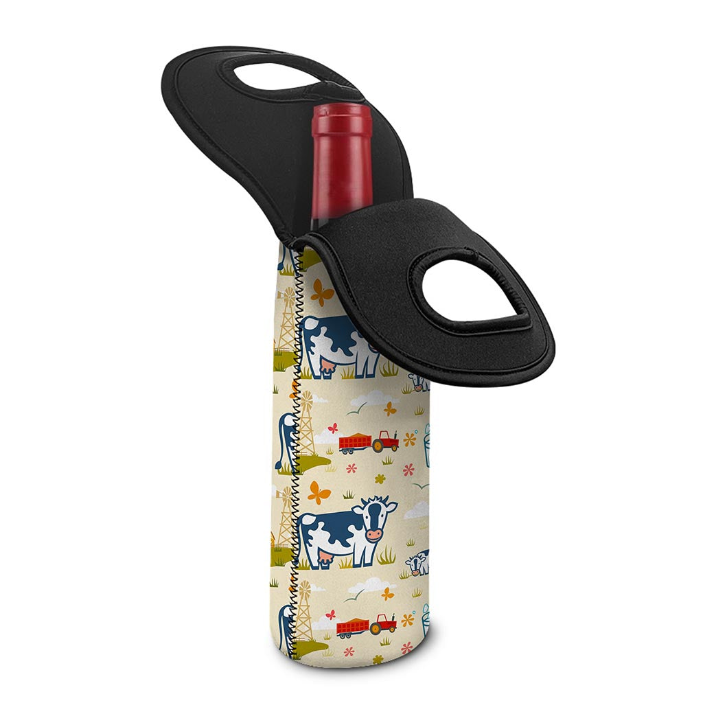 Cartoon Dairy Cow Farm Pattern Print Single Neoprene Wine Tote