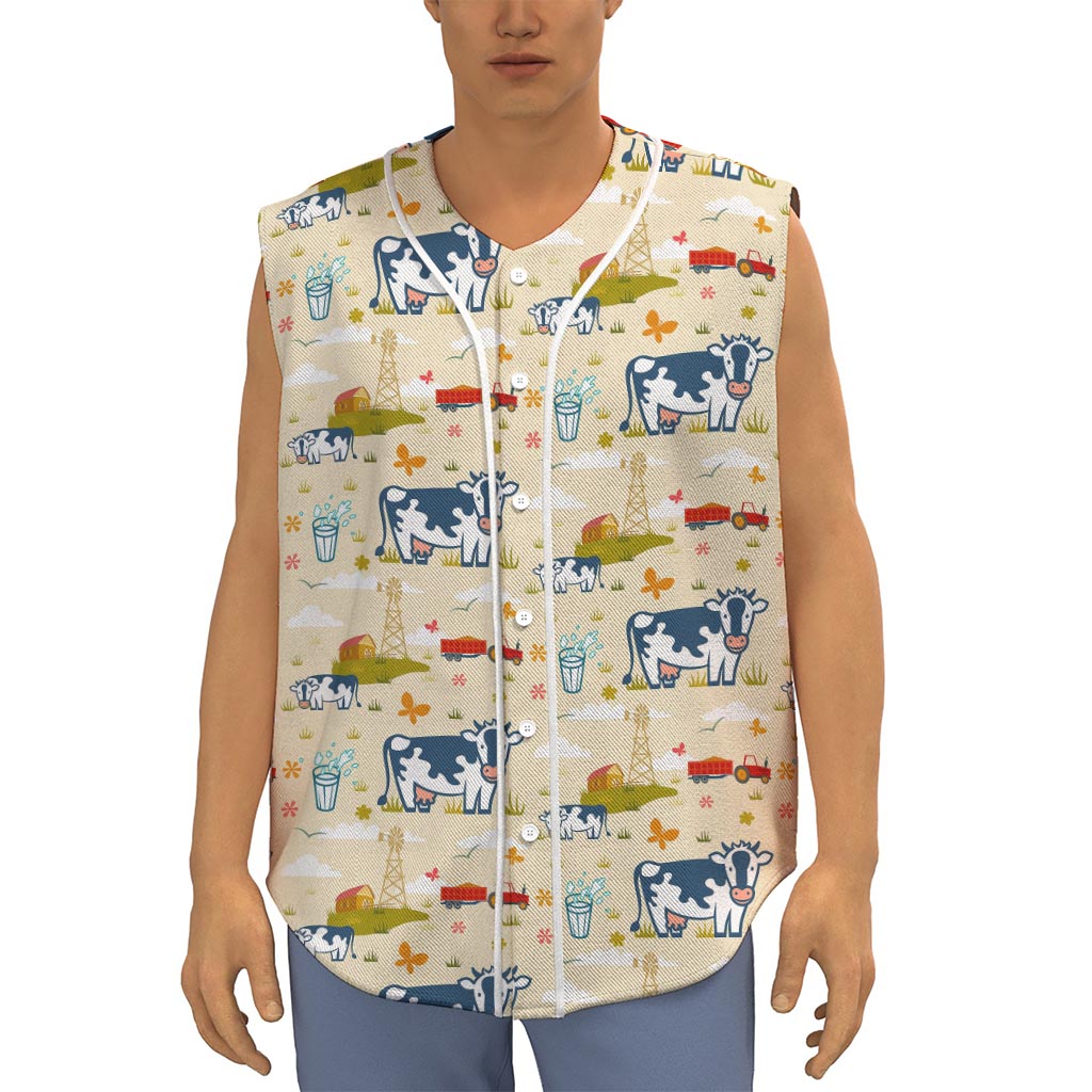 Cartoon Dairy Cow Farm Pattern Print Sleeveless Baseball Jersey