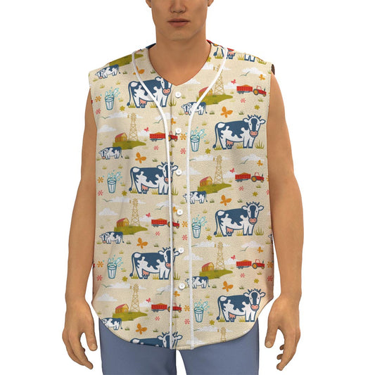 Cartoon Dairy Cow Farm Pattern Print Sleeveless Baseball Jersey