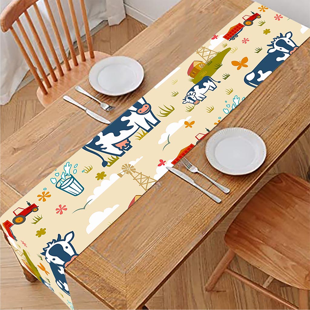 Cartoon Dairy Cow Farm Pattern Print Table Runner