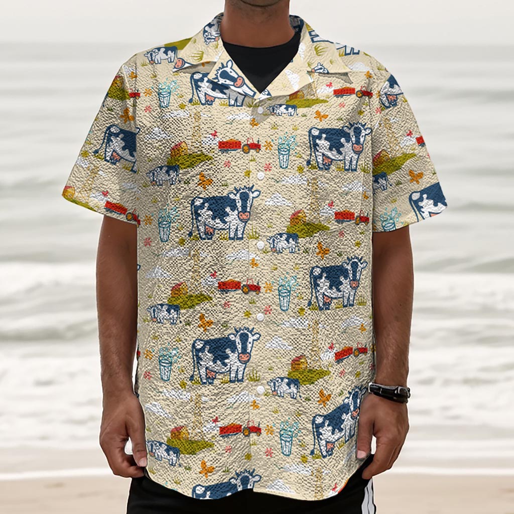 Cartoon Dairy Cow Farm Pattern Print Textured Short Sleeve Shirt