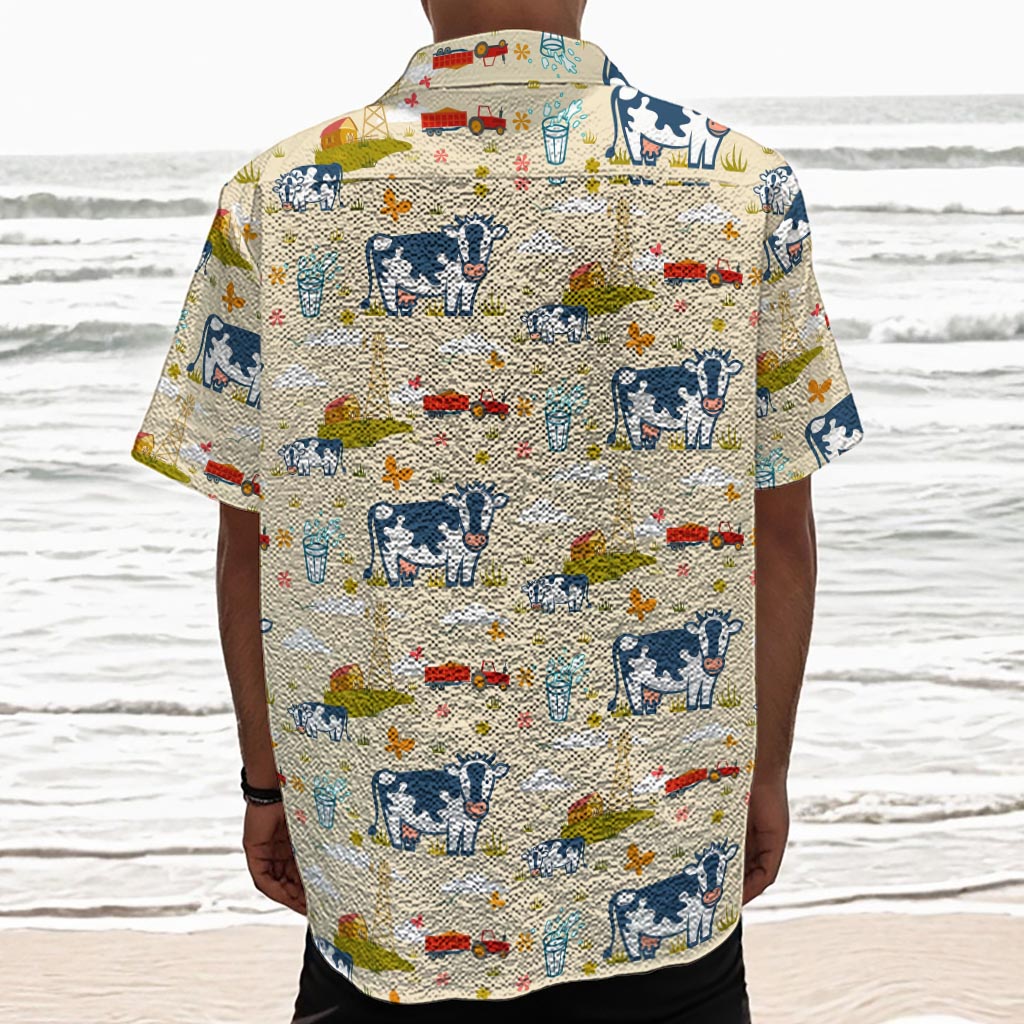 Cartoon Dairy Cow Farm Pattern Print Textured Short Sleeve Shirt