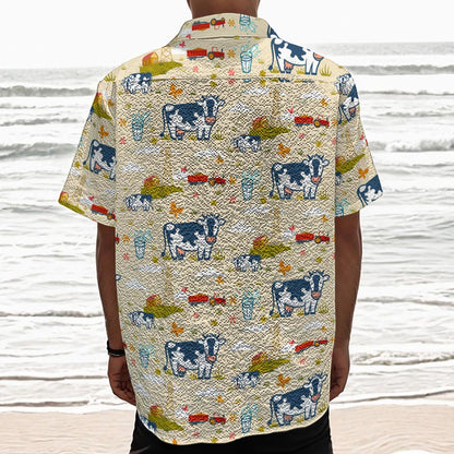 Cartoon Dairy Cow Farm Pattern Print Textured Short Sleeve Shirt
