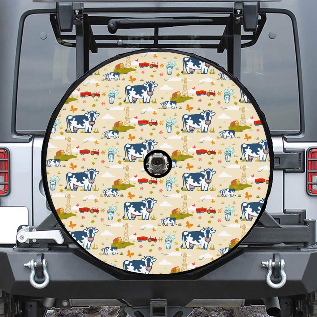 Cartoon Dairy Cow Farm Pattern Print Tire Cover With Camera Hole