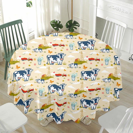 Cartoon Dairy Cow Farm Pattern Print Waterproof Round Tablecloth