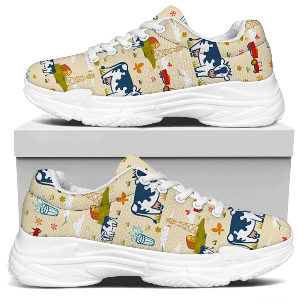 Cartoon Dairy Cow Farm Pattern Print White Chunky Shoes