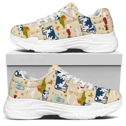 Cartoon Dairy Cow Farm Pattern Print White Chunky Shoes