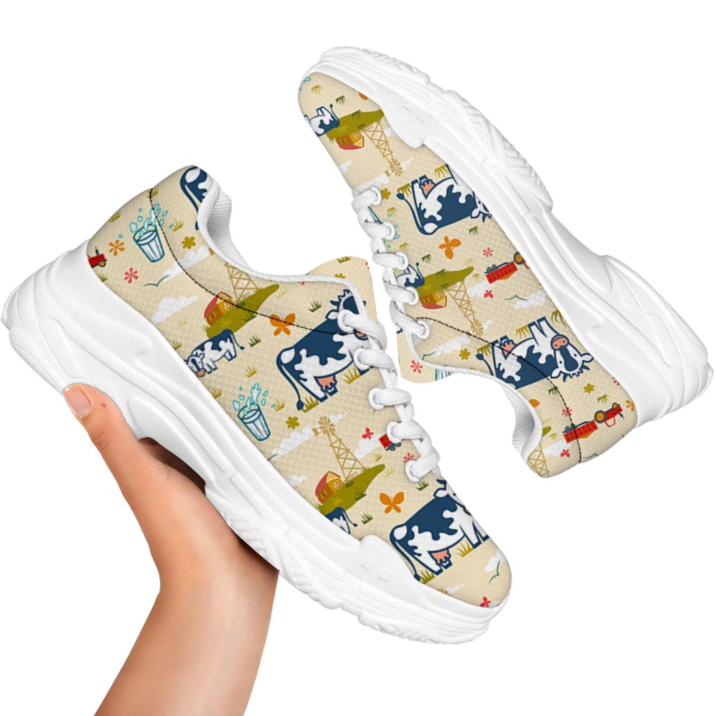 Cartoon Dairy Cow Farm Pattern Print White Chunky Shoes