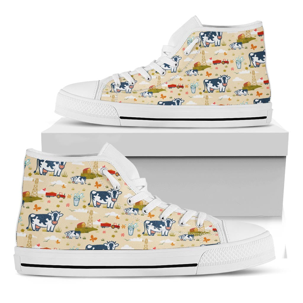 Cartoon Dairy Cow Farm Pattern Print White High Top Sneakers