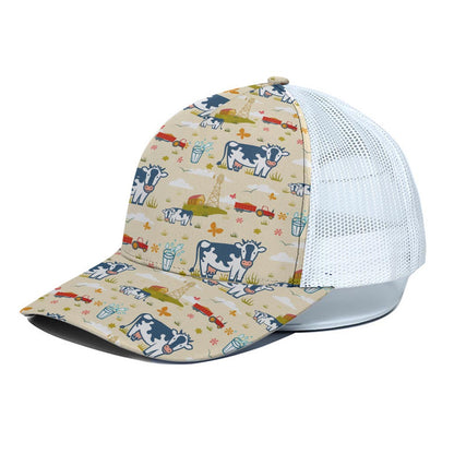 Cartoon Dairy Cow Farm Pattern Print White Mesh Trucker Cap