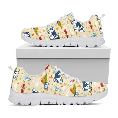 Cartoon Dairy Cow Farm Pattern Print White Running Shoes