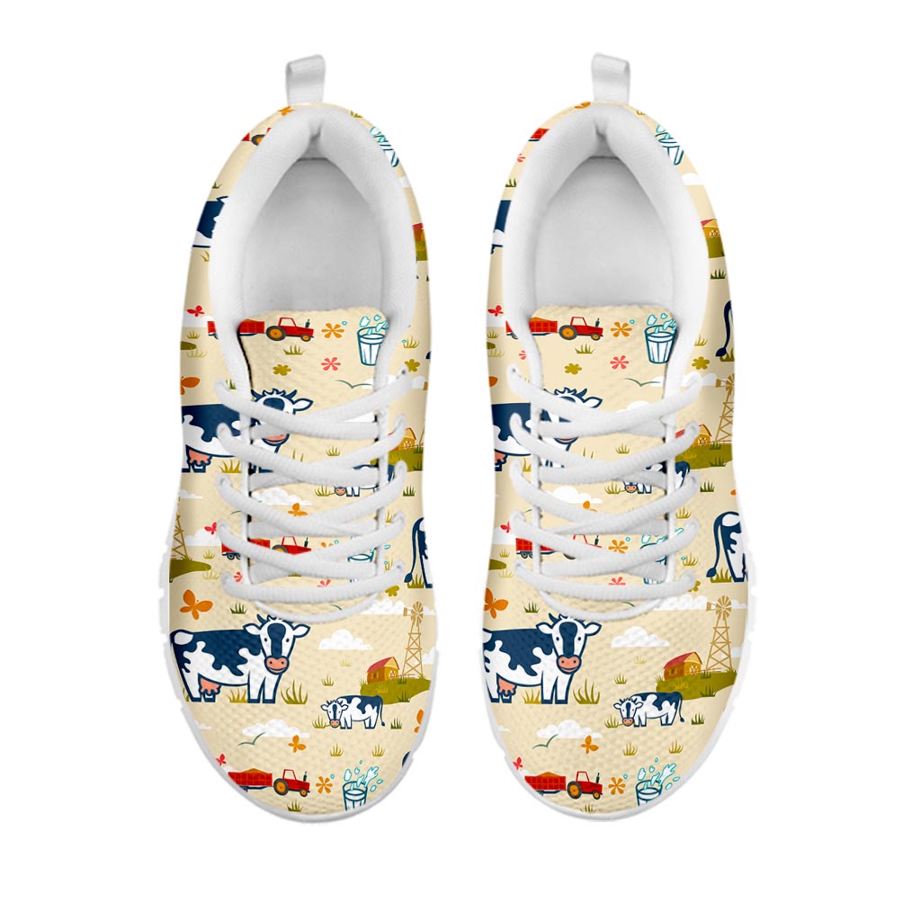 Cartoon Dairy Cow Farm Pattern Print White Running Shoes