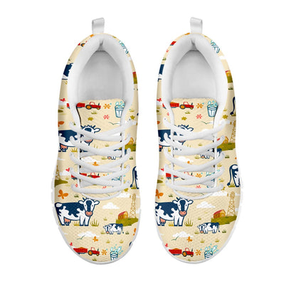 Cartoon Dairy Cow Farm Pattern Print White Running Shoes