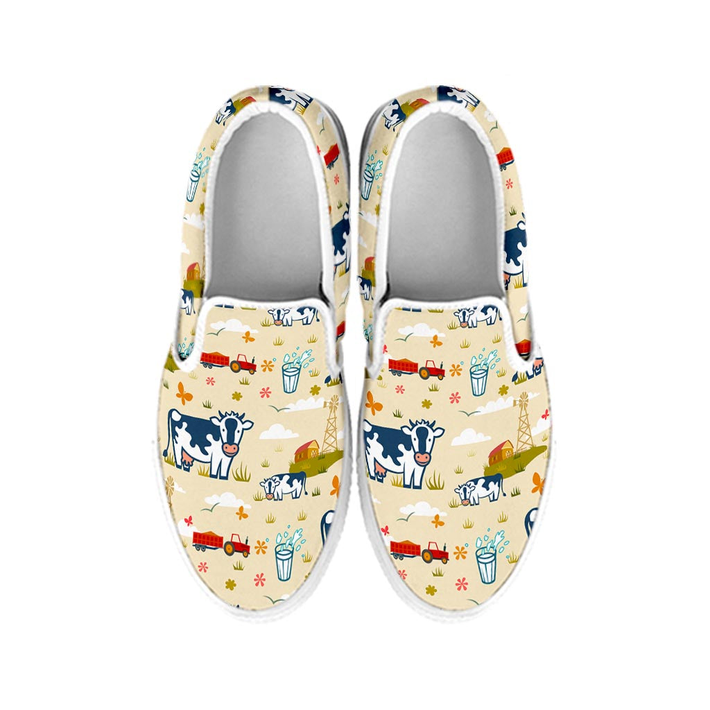 Cartoon Dairy Cow Farm Pattern Print White Slip On Sneakers