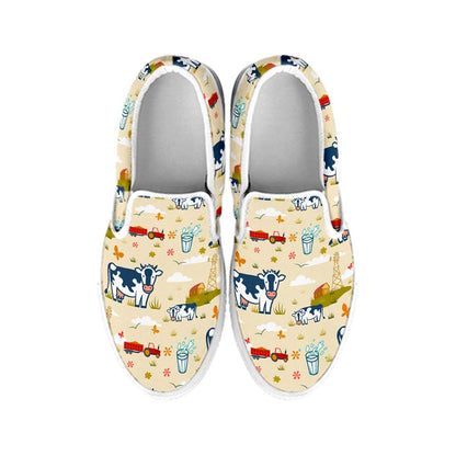 Cartoon Dairy Cow Farm Pattern Print White Slip On Sneakers