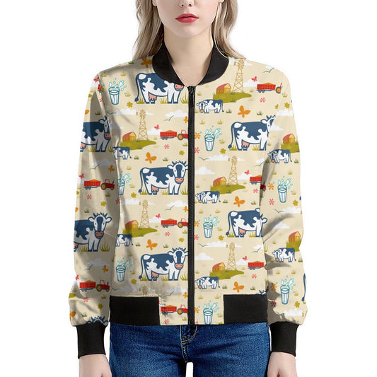 Cartoon Dairy Cow Farm Pattern Print Women's Bomber Jacket