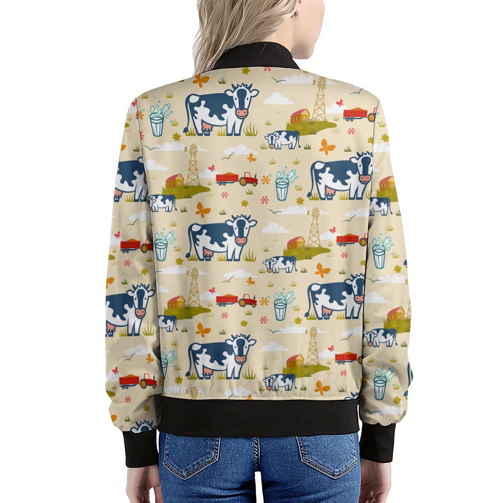 Cartoon Dairy Cow Farm Pattern Print Women's Bomber Jacket