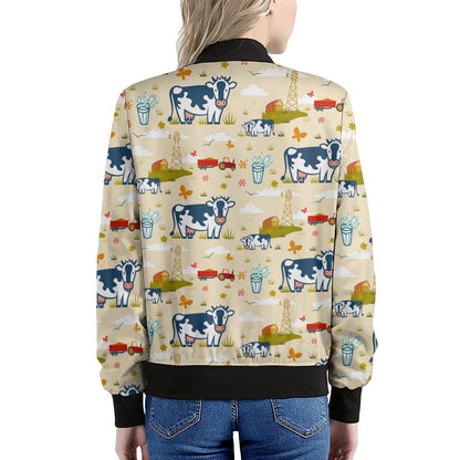 Cartoon Dairy Cow Farm Pattern Print Women's Bomber Jacket
