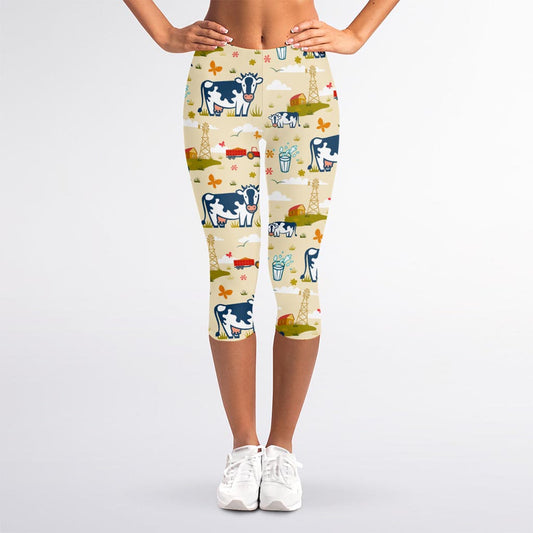 Cartoon Dairy Cow Farm Pattern Print Women's Capri Leggings