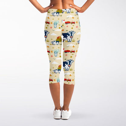 Cartoon Dairy Cow Farm Pattern Print Women's Capri Leggings