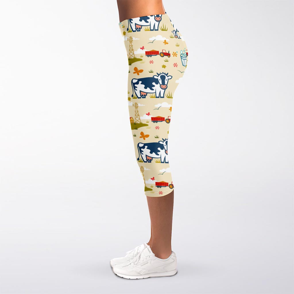 Cartoon Dairy Cow Farm Pattern Print Women's Capri Leggings