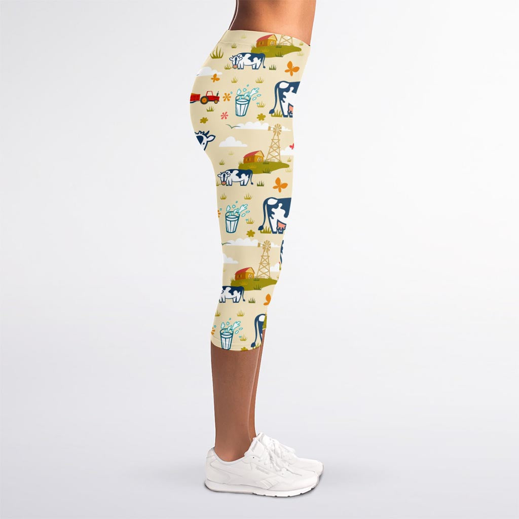 Cartoon Dairy Cow Farm Pattern Print Women's Capri Leggings