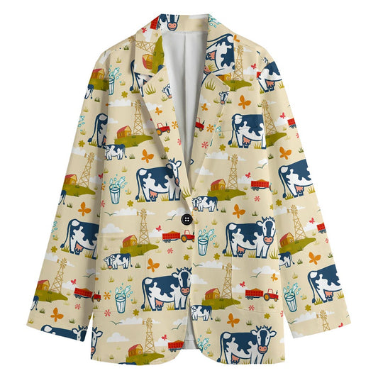 Cartoon Dairy Cow Farm Pattern Print Women's Cotton Blazer