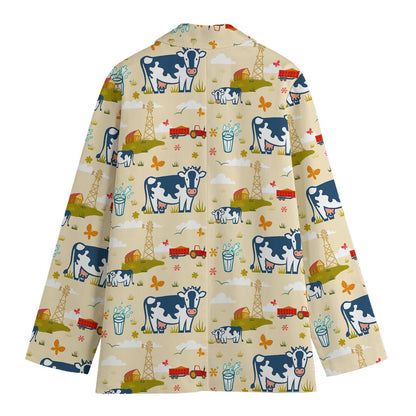 Cartoon Dairy Cow Farm Pattern Print Women's Cotton Blazer
