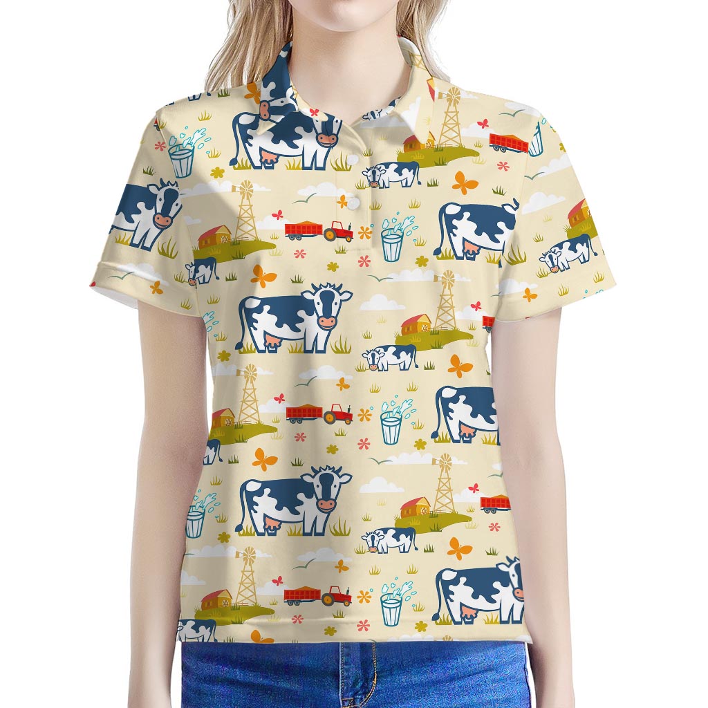 Cartoon Dairy Cow Farm Pattern Print Women's Polo Shirt