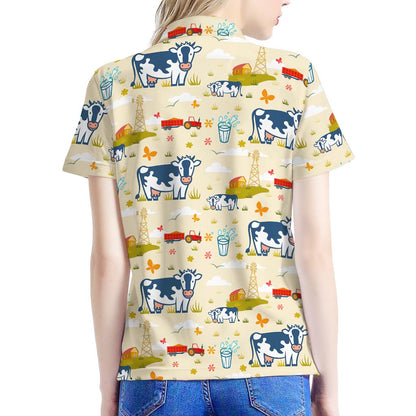 Cartoon Dairy Cow Farm Pattern Print Women's Polo Shirt