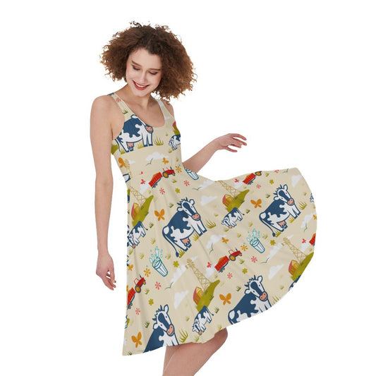 Cartoon Dairy Cow Farm Pattern Print Women's Sleeveless Dress