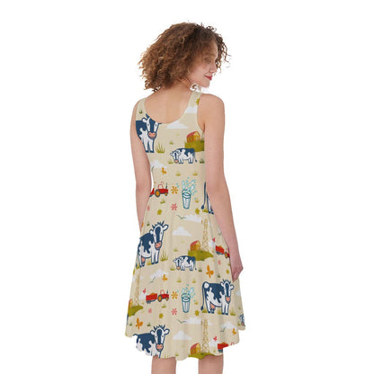 Cartoon Dairy Cow Farm Pattern Print Women's Sleeveless Dress