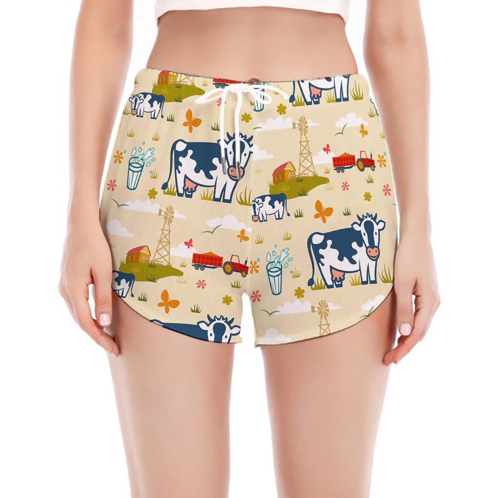 Cartoon Dairy Cow Farm Pattern Print Women's Split Running Shorts