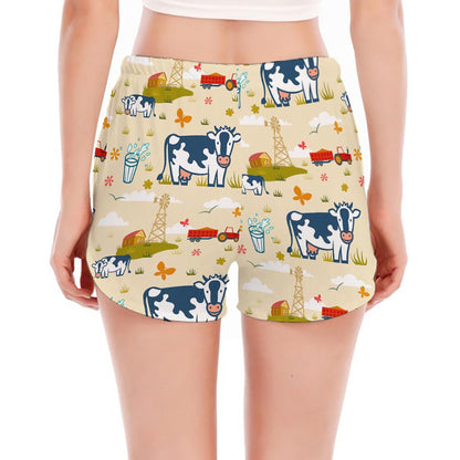 Cartoon Dairy Cow Farm Pattern Print Women's Split Running Shorts