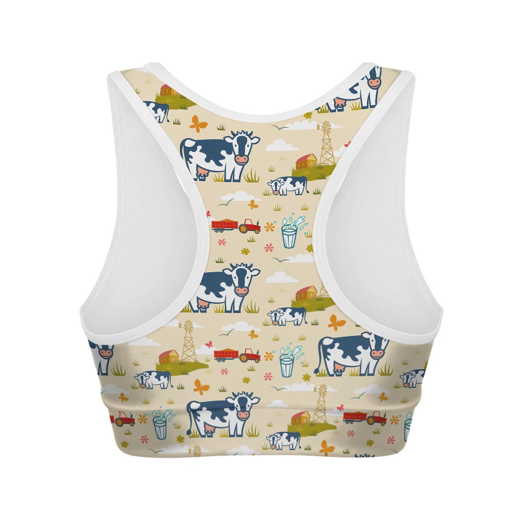 Cartoon Dairy Cow Farm Pattern Print Women's Sports Bra