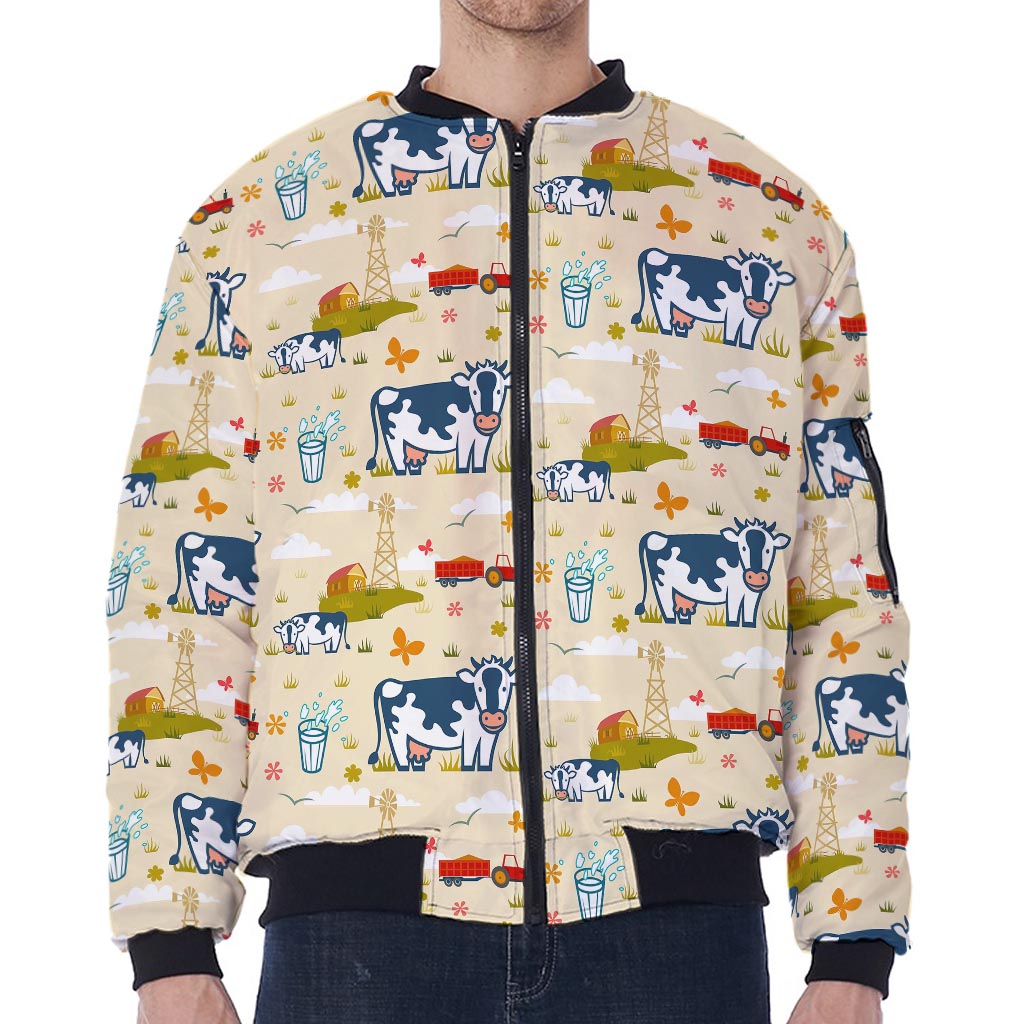Cartoon Dairy Cow Farm Pattern Print Zip Sleeve Bomber Jacket