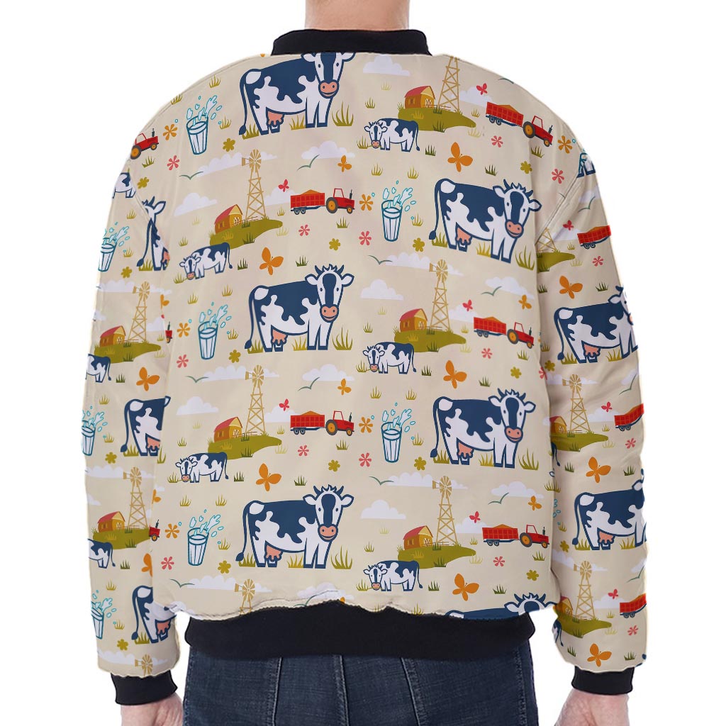 Cartoon Dairy Cow Farm Pattern Print Zip Sleeve Bomber Jacket