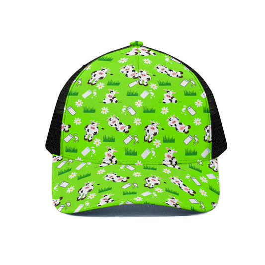 Cartoon Daisy And Cow Pattern Print Black Mesh Trucker Cap