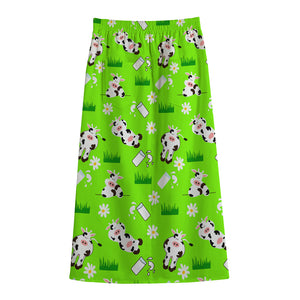 Cartoon Daisy And Cow Pattern Print Cotton Front Slit Maxi Skirt