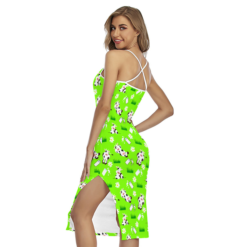 Cartoon Daisy And Cow Pattern Print Cross Back Cami Dress