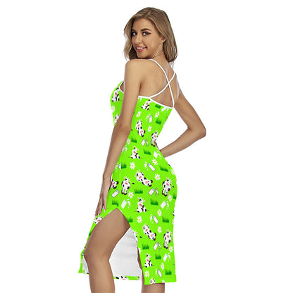Cartoon Daisy And Cow Pattern Print Cross Back Cami Dress