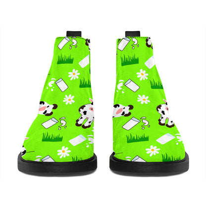 Cartoon Daisy And Cow Pattern Print Flat Ankle Boots