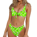 Cartoon Daisy And Cow Pattern Print Front Bow Tie Bikini